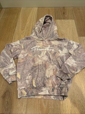 Primitive Kids Hoodie in Brown Camo and Cream Script